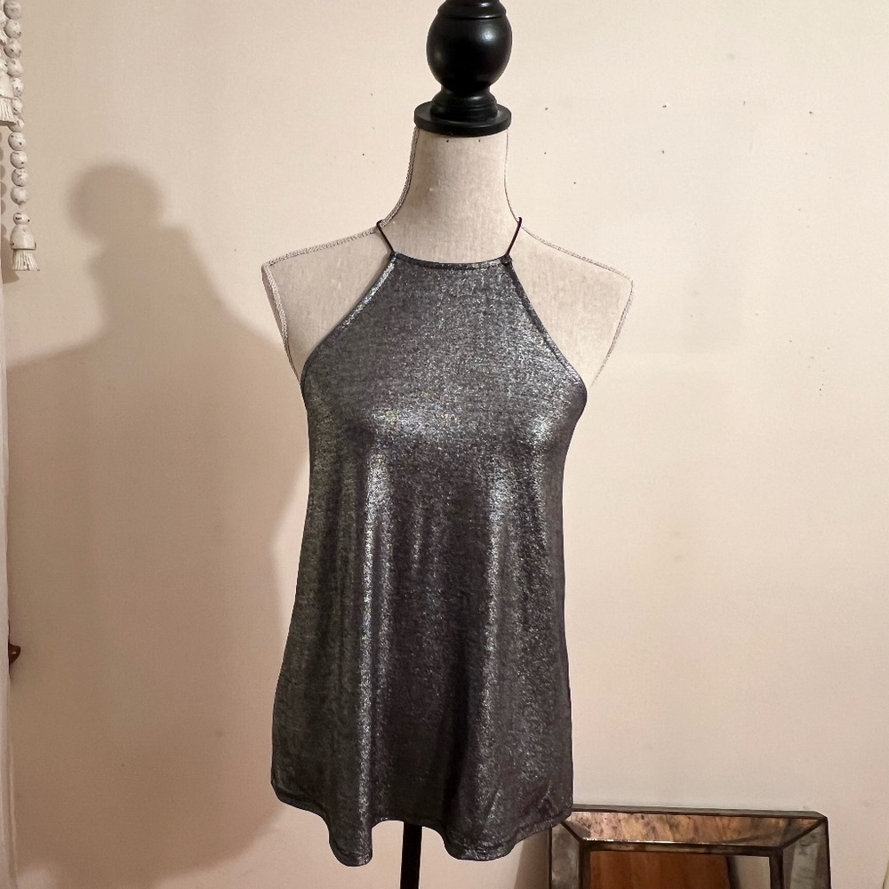 Guess Racer Back Halter Top Metallic Gray Shimmer Size XS